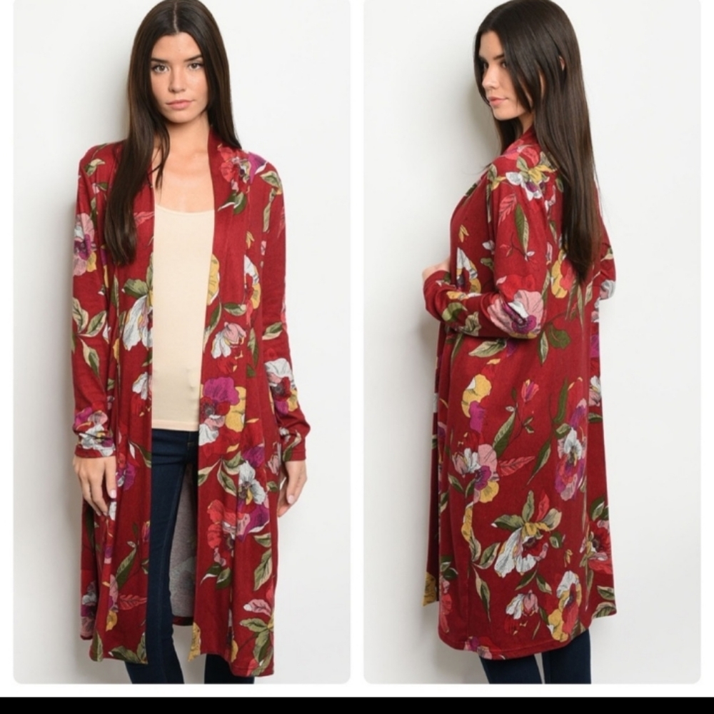 Floral Burgundy Duster Cardigan - Picture 1 of 5